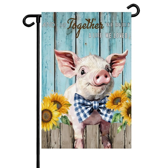 Farms Cute Pigs Garden Flag 12x18 Inch Sunflower Blue Wood Striped Oil Painting Double Sided Small Decorative Garden Flags for Outside, Outdoor Yard Porch Lawn Decoration