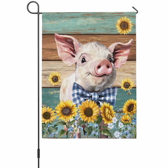 Farms Cute Pigs House Flag 28 x 40 Inches, Sunflower Brown Green Wood Striped Oil Painting Weather Proof Outdoor Patio Flags Double Sided Small House Decoration for Yard Lawn Outside Home