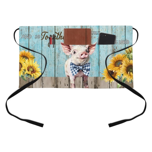 Farms Cute Pigs Kitchen Restaurant Half Waist Apron, Sunflower Blue Wood Striped Oil Painting Server Short Apron with 3 Pockets Waterproof Oil Waist Aprons for Women Waitress Waiter