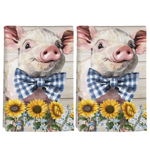 Farms Cute Pigs Kitchen Towels Set of 2, Sunflower Beige Wood Striped Oil Painting Absorbent Dish Cloths 18 x 28 Inch Hand Towels for Kitchen, Quick-Dry Tea Towels for Cooking, Baking & Home Decor