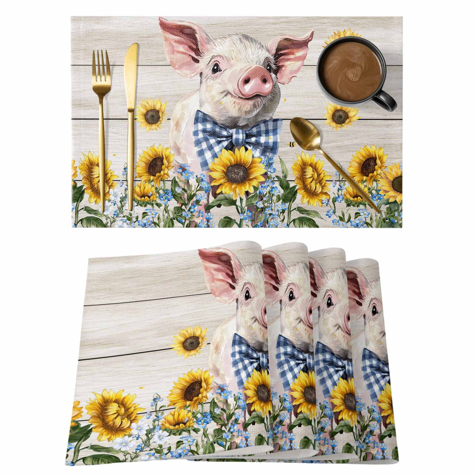 Pig Mat Table Farms Cute Pigs Placemats Set of 6, Sunflower Brown Green Wood Striped ...