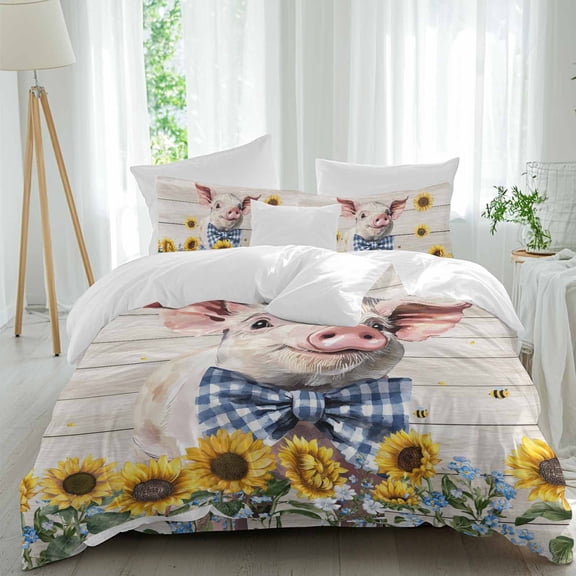Farms Cute Pigs Queen Size Comforter Set, Sunflower Beige Wood Striped Oil Painting Animal Bedding for All Seasons, 4 Pcs Bed Set, 1Quiltcover (90"x92") ,1Sheet(94"x116"), 2Pillowcases (30"x20")