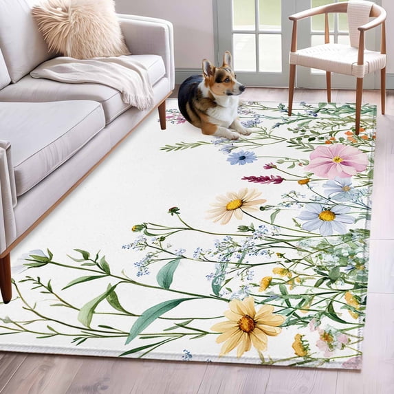 Farms Wildflowers 3x5 Area Rugs for Living Room, Herbs Countryside Watercolor Floral Leaf Non Slip Floor Mat Washable Low-Profile Indoor Carpet for Bedroom, Dining Room, Bathroom