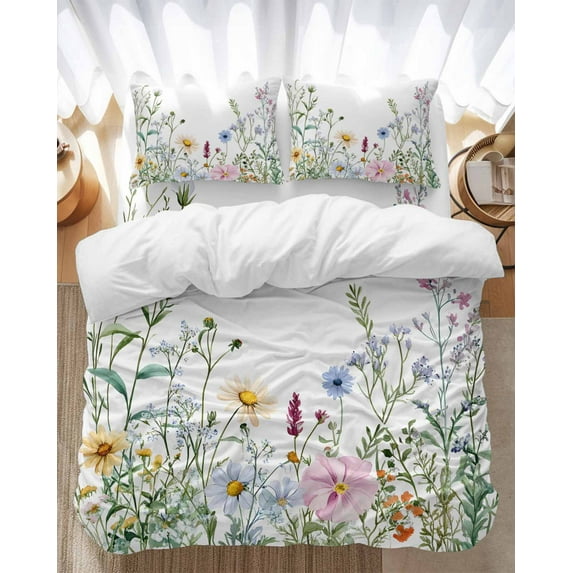 Farms Wildflowers Bedding Duvet Cover Set Twin Size 4 Pieces Herbs Countryside Watercolor Floral Leaf Bedding Set with Zipper Closure, 1 Comforter Cover 68x86 Inches 1 Flat Sheet & 2 Pillow Cases