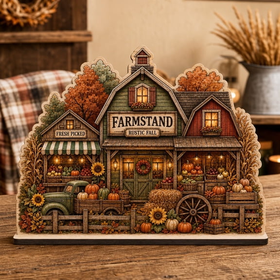 Farmstand Scene Wooden Block Tabletop Display for Fall Decorating