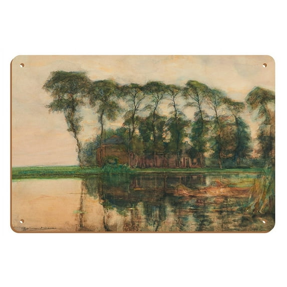 Farmstead Along the Water Screened by Nine Tall Trees - From an Original Water Color Painting by Piet Mondrian c.1905 - 8 x 12 inch Vintage Wood Art Sign
