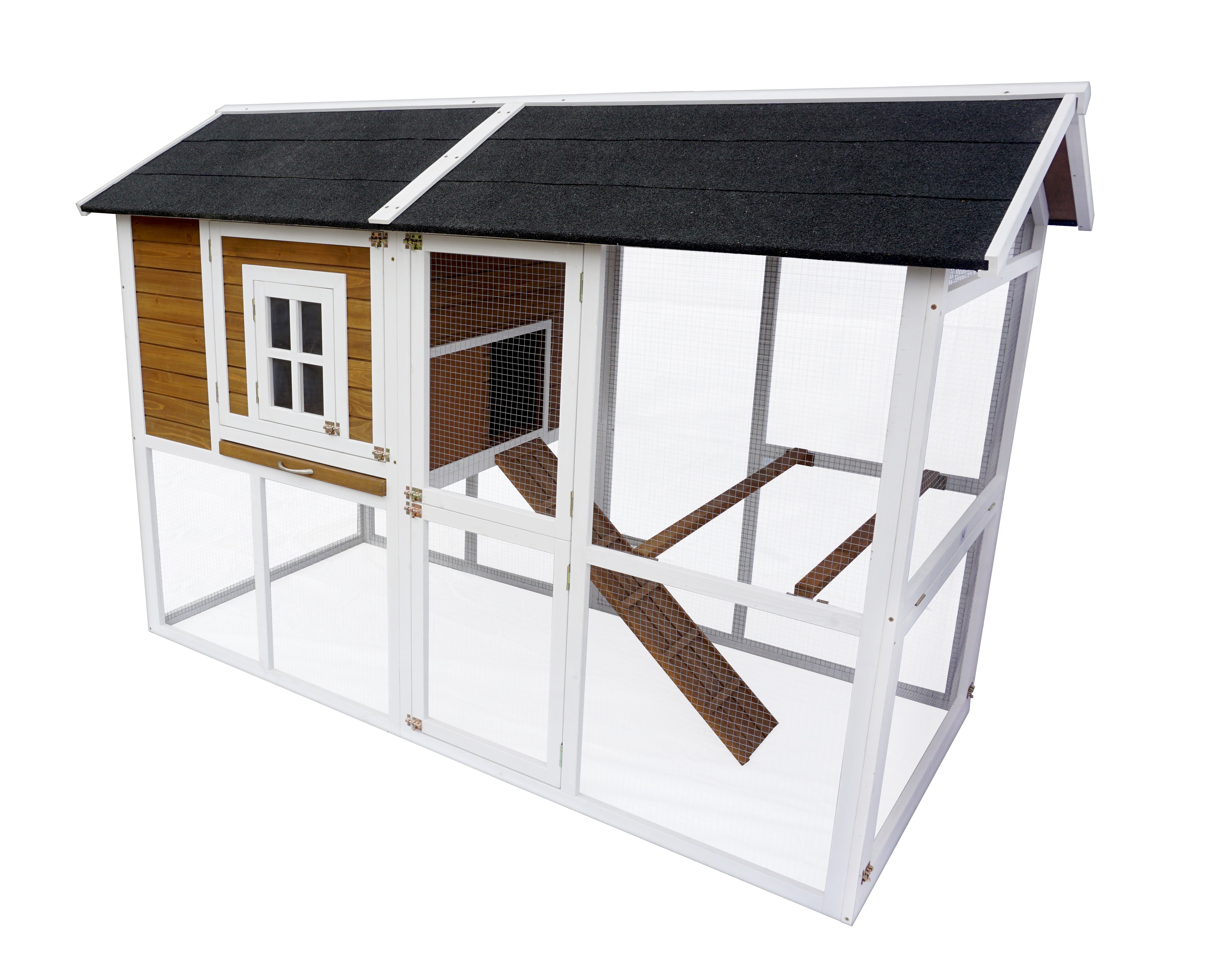 Large White and Brown Wooden Chicken Coop with Asphalt Roof