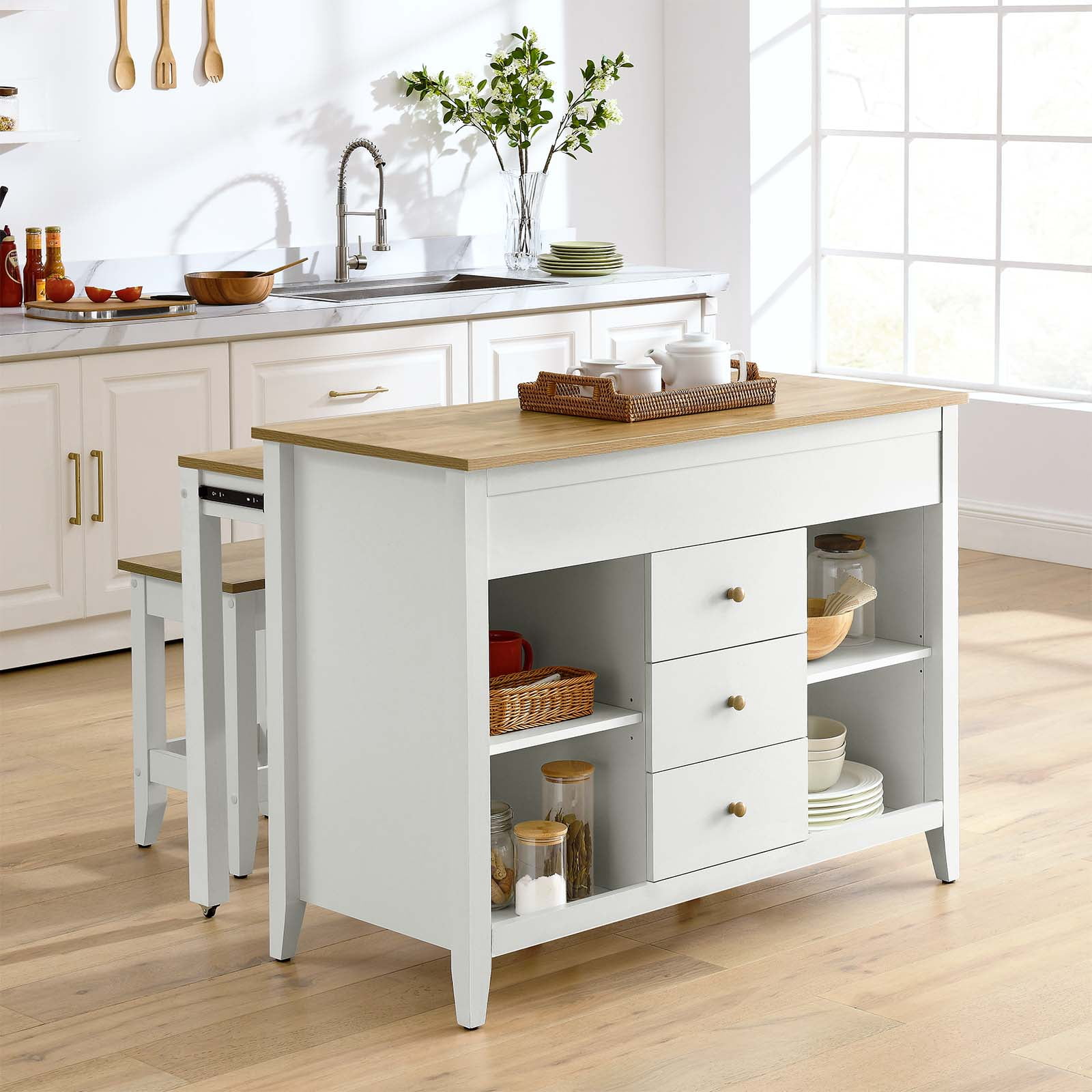Modway Farmstead 3-Piece Kitchen Island and Stool Set in Oak White