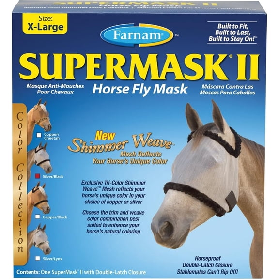 Farnam SuperMask II Shimmer Weave Horse Fly Mask, X-Lrg. Size, Silver Mesh with Black Trim