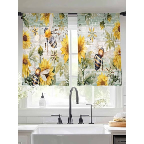 Farnhouse Bee Spring with Sunflower Chiffon Sheer Curtains 45 Inches Long,Watercolor Leaves on Retro Wood 2 Rod Pocket Window Treatment Voile Drapes Curtains for Living Room Bedroom,2 Panels,52x45In