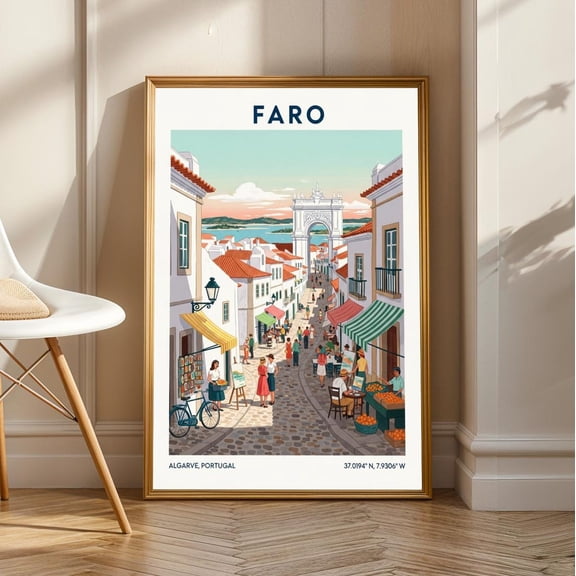 Faro Portugal Vintage Travel Poster: Colorful Street Scene Art Print, Unframed Poster Size 16x24