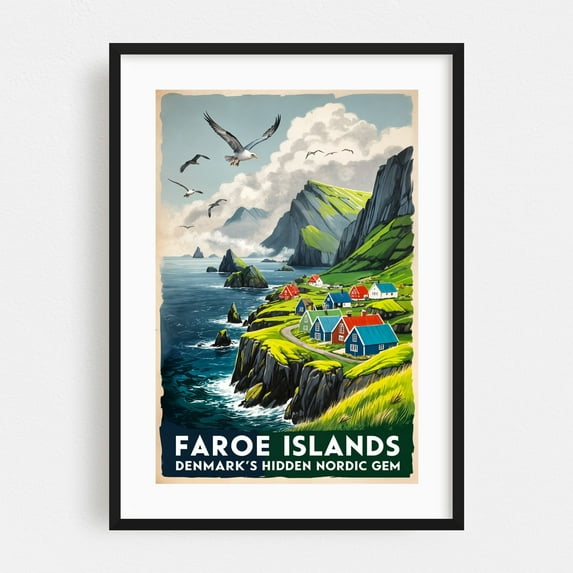 Faroe Islands Poster: Where Nature Meets Solitude - Faroe Islands Illustration Travel Poster Seascape Vintage Poster Landscape Coast Scenic Bird Black Framed Wall Art Print 24 x 36 inches