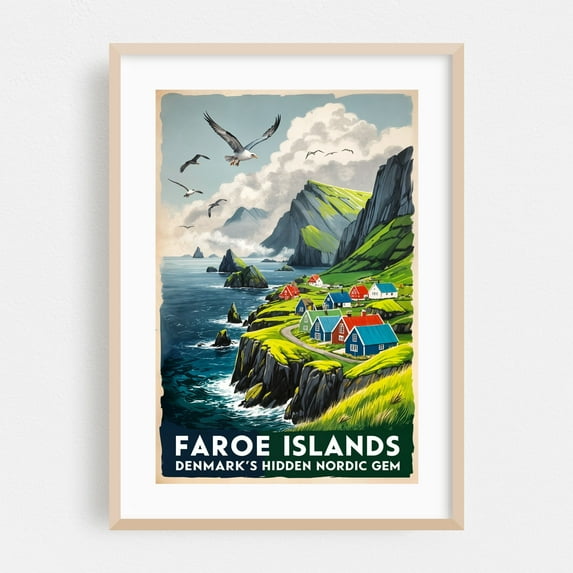 Faroe Islands Poster: Where Nature Meets Solitude - Faroe Islands Illustration Travel Poster Seascape Vintage Poster Landscape Coast Scenic Bird Oak Framed Wall Art Print 16 x 24 inches