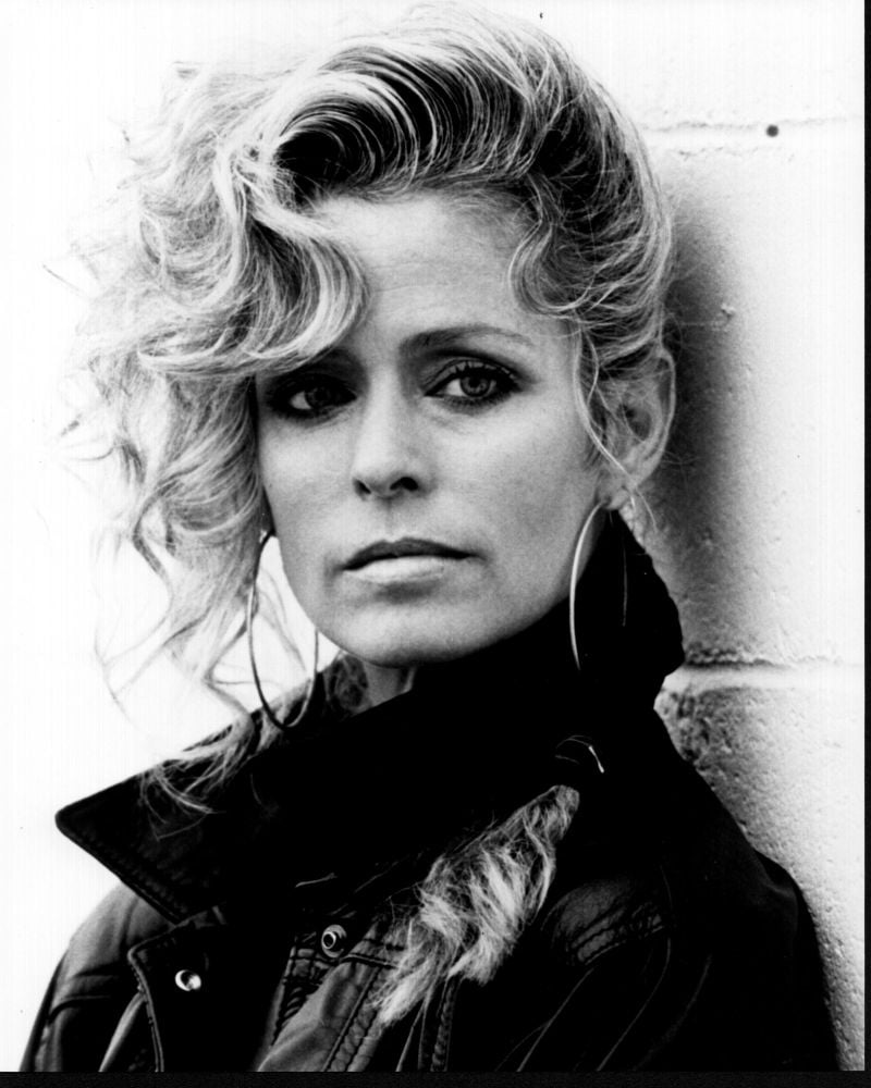 Farrah Fawcett Leaning On Wall In Leather Jacket Black And White Photo ...