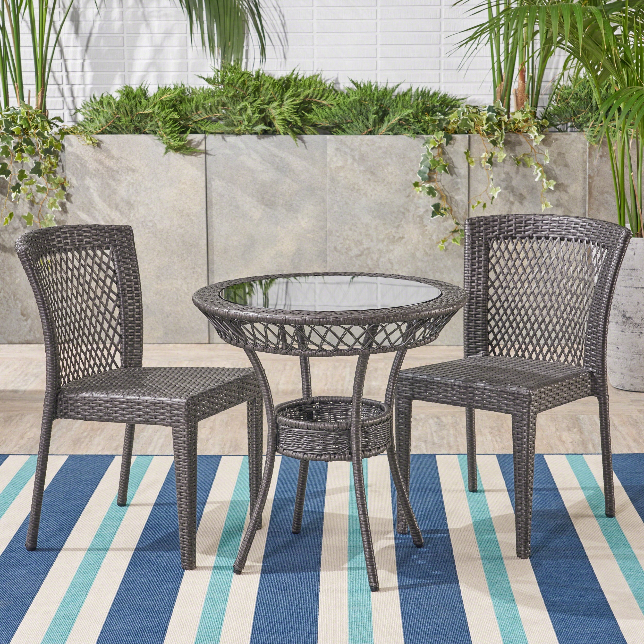Farrah Outdoor 3 Piece Wicker Bistro Set, Grey