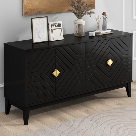 Nocle House Farron Modern 4-Door Storage Cabinet with Adjustable Shelves, Rubberwood, Black + Gold
