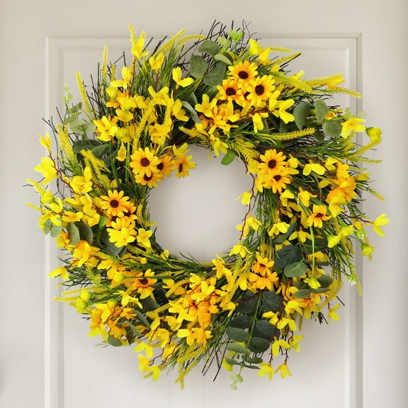 18Inch Spring Wreath Forsythia Wreath with Yellow Daisy Summer Wreaths for Front Door Wreath for Seasonal Decor
