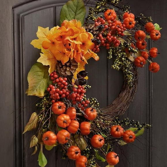Farship 24" Length Fall Wreath Fall Decoration Autumn Decor Door Wreath with Mini Pumpkins for Autumn Harvest Halloween Thanksgiving