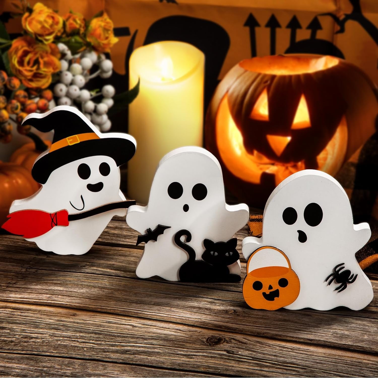 Farship Halloween Decorations Cute Ghost Halloween Tabletop Decor Table Wooden Signs Table Centerpieces Rustic Farmhouse Indoor Decorations for Halloween Fall Party Home Kitchen