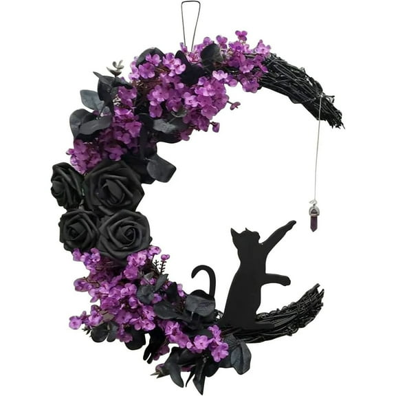Farship Halloween Wreath for Front Door Halloween Moon Wreath with Mini Black Cat Grapevine Wreath Halloween Door Wreath Decorations for Home Party Indoor Outdoor-14"