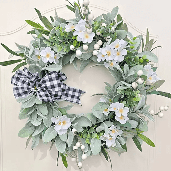 Spring Wreath 18Inch Artificial Wreath for Spring Summer Indoor Outdoor Home Decor Lambs Ear Wreaths with Berries for Farmhouse Porch Home Wall Window