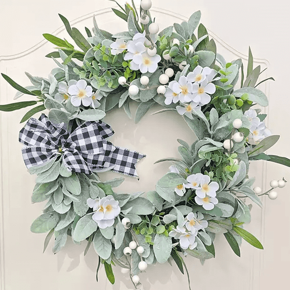 Spring Wreath 18Inch Artificial Wreath for Spring Summer Indoor Outdoor Home Decor Lambs Ear Wreaths with Berries for Farmhouse Porch Home Wall Window