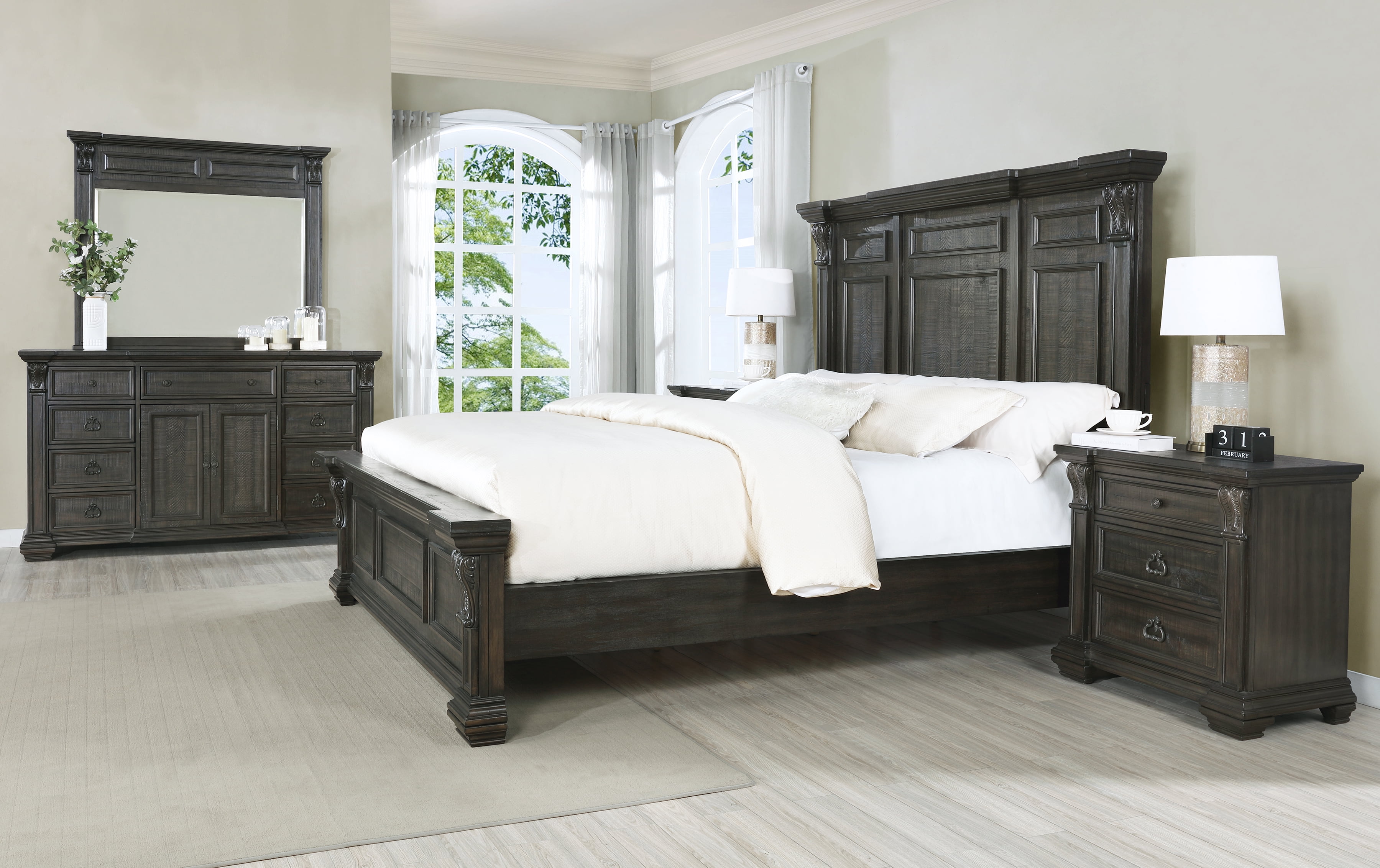 Farson Distressed Dark Walnut Finish Wood Panel Queen Bed, Dresser, Mirror, Nightstand