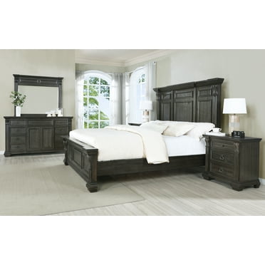 Farson Distressed Dark Walnut Finish Wood Panel Queen Bed, Dresser, Mirror, Nightstand