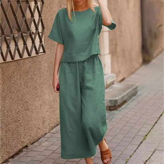 Fartey 2 Piece Cotton Linen Sets for Women Travel Lounge Sets Short Tshirts and Wide Leg Pants Vacation Outfits Casual Simple Solid Color Suit