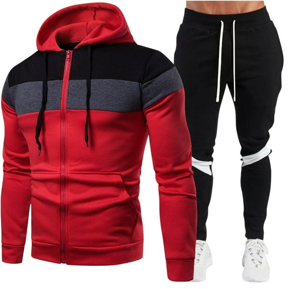 Fartey 2 Piece Men's Tracksuit Set Fashion Colorblock Jogging Suits Long Sleeve Hoodies Matching Drawstring Pants Outdoor Sweatsuit Outfits Red S-3XL