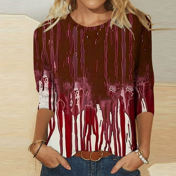 Fartey 2024 Halloween Shirts for Women Horror Bloody Graphic Tees Trendy 3/4 Sleeve Tops Workout Fall Crewneck Tunic Blouses Lightweight Comfy Festval Casual Shirts