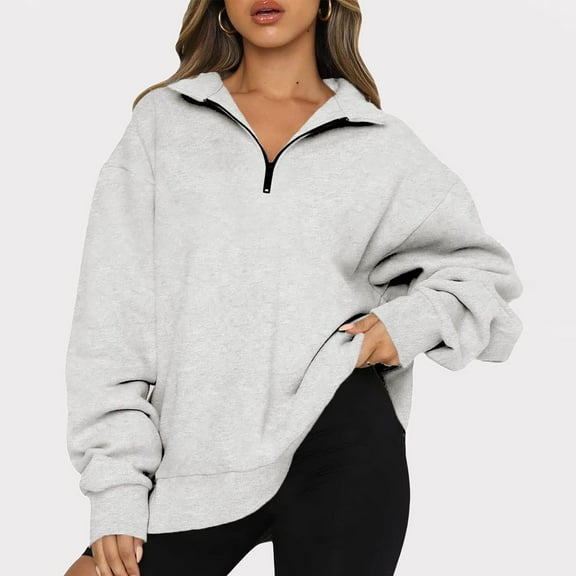 Fartey 2024 Trendy Half Zip Oversized Sweatshirts for Women Simple Long Sleeve Solid Color Pullover Casual Fall Drop Shoulder Tops