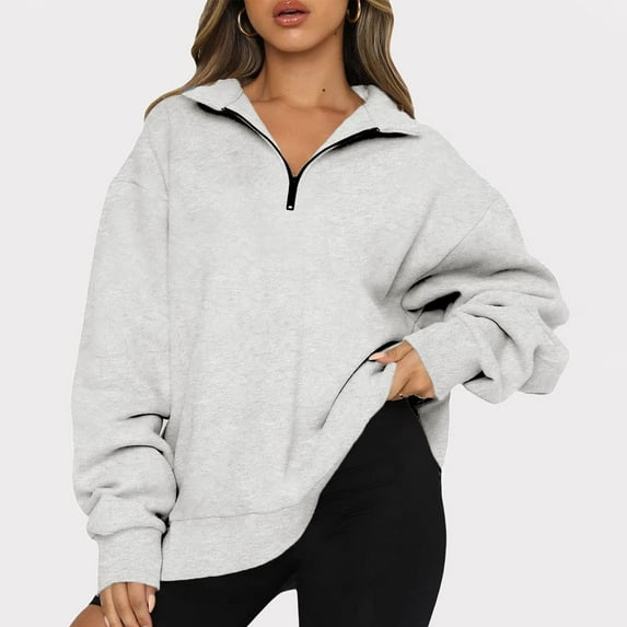 Fartey 2024 Trendy Half Zip Oversized Sweatshirts for Women Simple Long Sleeve Solid Color Pullover Casual Fall Drop Shoulder Tops