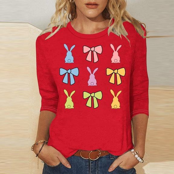 Fartey 2025 Easter Shirts for Women Cute Bunny Print 3/4 Sleeve Tops Slim Fit Crew Neck Tunic Blouse Plus Size Summer Casual Tees Loose Comfy Holiday T Shirts Red S-5XL