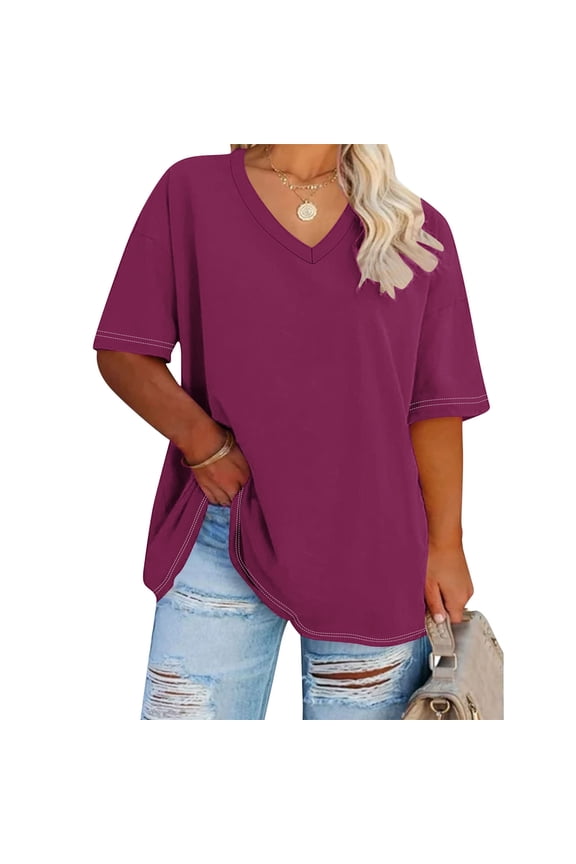2025 Oversized T Shirts Women Plus Size Short Sleeve V Neck Shirt Casual Loose Drop Shoulder Tees Summer Soft Comfy Basic Tunic Tops Purple L