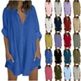 thumbnail image 1 of Fartey 2025 Summer Cotton Linen Tops for Women Oversized Solid Color Button Down Shirts Loose Casual Rolled Up 3/4 Sleeve Blouses with Pockets Purple M, 1 of 6