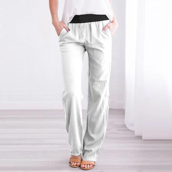 Fartey 2025 Trendy Color Block Cotton Linen Pants for Women Drawstring Elastic Waist Straight Leg Pants Summer Casual Beach Holiday Trousers with Pockets