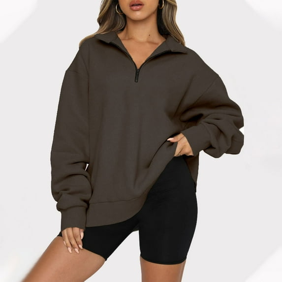 Fartey 2025 Trendy Half Zip Oversized Sweatshirts for Women Simple Long Sleeve Solid Color Pullover Casual Fall Drop Shoulder Tops