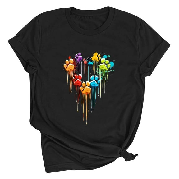 Fartey 2025 Valentine's Day Shirts for Women Cute Dog Paw Tie Dye Graphic Tees Soft Comfy Crewneck T Shirts Casual Loose Summer Short Sleeve Tee Tops Black S-3XL