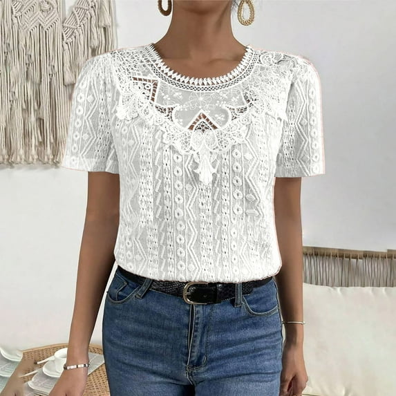 Fartey 2025 Women Lace Tops Fashion Elegant Eyelet Embroidery Crew Neck T Shirts Dressy Casual Short Sleeve Tshirts Loose Fit Summer Solid Color Blouses White 2XL