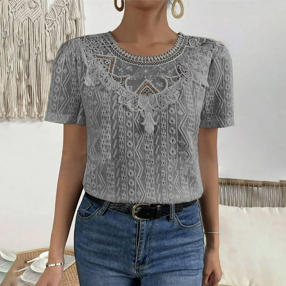 Fartey 2025 Women Lace Tops Fashion Elegant Eyelet Embroidery Crew Neck T Shirts Dressy Casual Short Sleeve Tshirts Loose Fit Summer Solid Color Blouses Gray 2XL