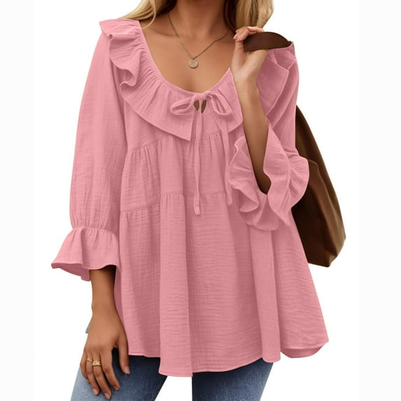 Fartey 2025 Women Ruffle 3/4 Sleeve Tops Cute Casual Tie Front Tiered Shirts Dressy Casual Solid Color Crewneck T Shirts Loose Flowy Spring Summer Blouses Pink M