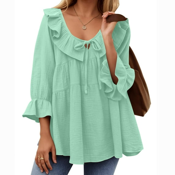 Fartey 2025 Women Ruffle 3/4 Sleeve Tops Cute Casual Tie Front Tiered Shirts Dressy Casual Solid Color Crewneck T Shirts Loose Flowy Spring Summer Blouses Green S