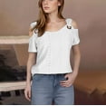 thumbnail image 1 of Fartey 2025 Womens Cold Shoulder Tops Summer Hollow Out Eyelet Short Sleeve T Shirts Fashion O Ring Strap Tunic Blouse Solid Color Going Out Blouses White S-2XL, 1 of 7