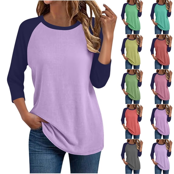 Fartey 3/4 Length Sleeve Shirts for Women Trendy Color Block Raglan Tops Loose Casual Crew Neck Tees Plus Size Going Out Tunic Blouses Mint Green S-5XL