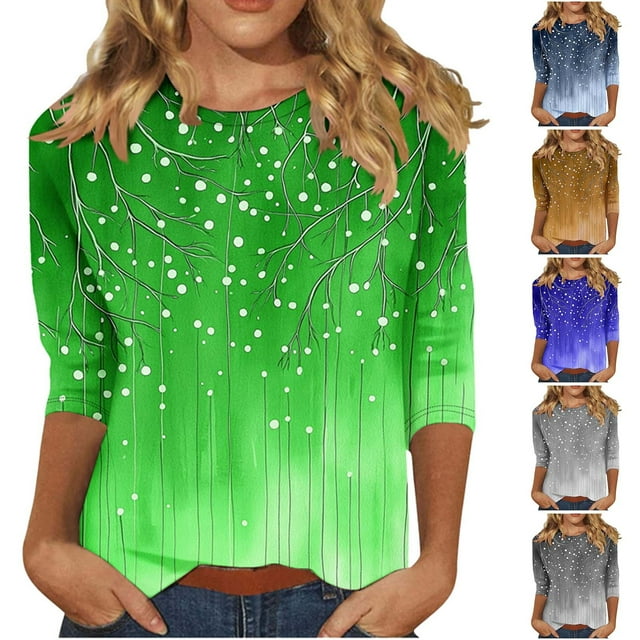 Fartey 3/4 Length Sleeve Shirts for Women Boho Floral Print T-Shirts Soft Comfy Crew Neck Tunic Tops Plus Size Going Out Blouses Dark Blue S-5XL