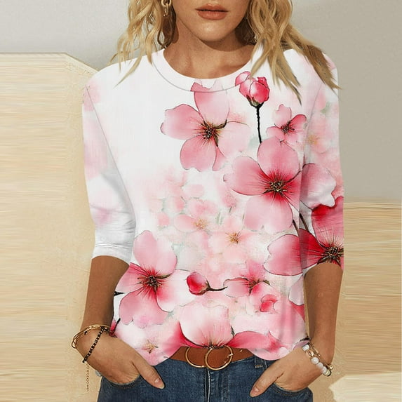 Fartey 3/4 Length Sleeve Tops for Women Plus Size Trendy Boho Floral Print Blouses Dressy Casual Crewneck Shirts Loose Fit Tunics Pink S-5XL