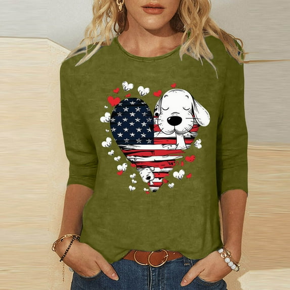 Fartey 4th of July 3/4 Sleeve Tunic Tops for Women Independence Day USA Shirts Soft Comfy Crew Neck Patriotic T Shirt Cute Graphic Tees Summer Holiday Tshirts Army Green XXXL