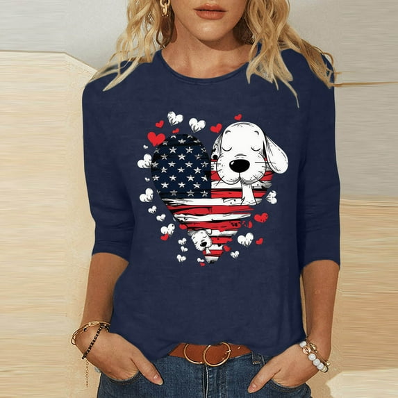 Fartey 4th of July 3/4 Sleeve Tunic Tops for Women Independence Day USA Shirts Soft Comfy Crew Neck Patriotic T Shirt Cute Graphic Tees Summer Holiday Tshirts Navy XXL