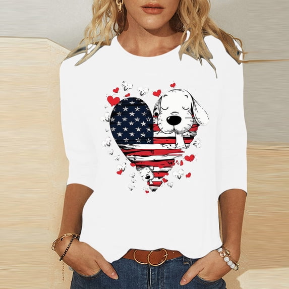 Fartey 4th of July 3/4 Sleeve Tunic Tops for Women Independence Day USA Shirts Soft Comfy Crew Neck Patriotic T Shirt Cute Graphic Tees Summer Holiday Tshirts White XXXL